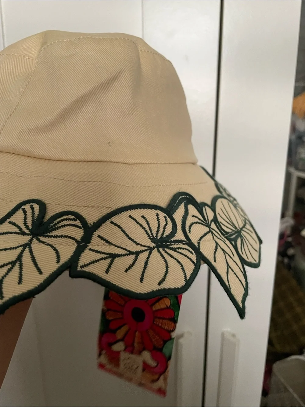 FARM Rio Beige Bucket Hat with Green Leaf Trim